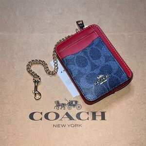 COACH Denim Blue & Bold Red Cardholder Card Case Card Wallet w Chain CW883 NWT